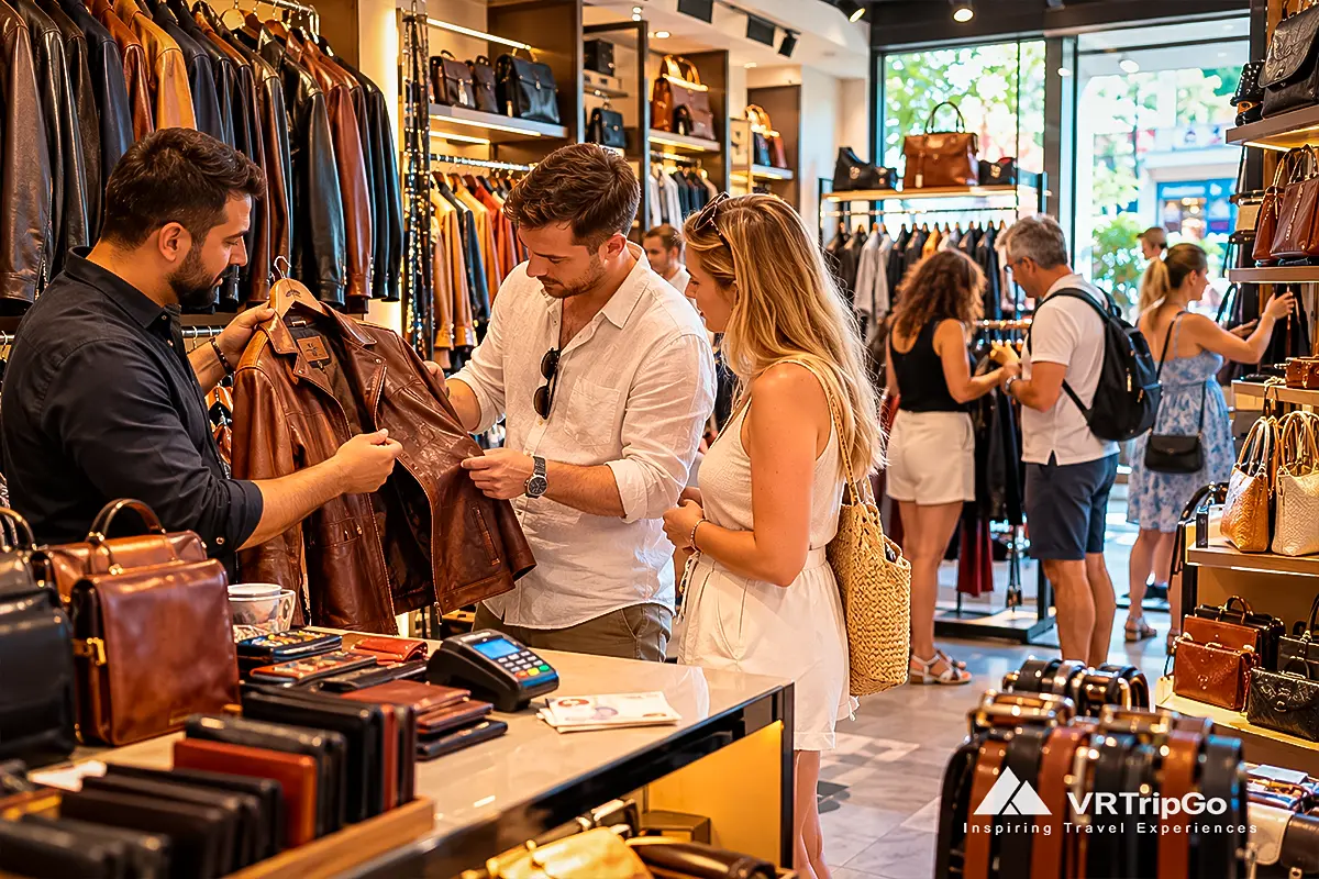 Shopping in Antalya with tourists checking the quality of leather goods and paying by card in a local store.