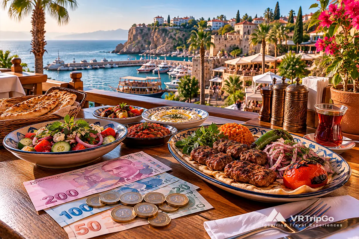 Traditional Turkish dishes and local currency on a restaurant table overlooking Antalya harbor.