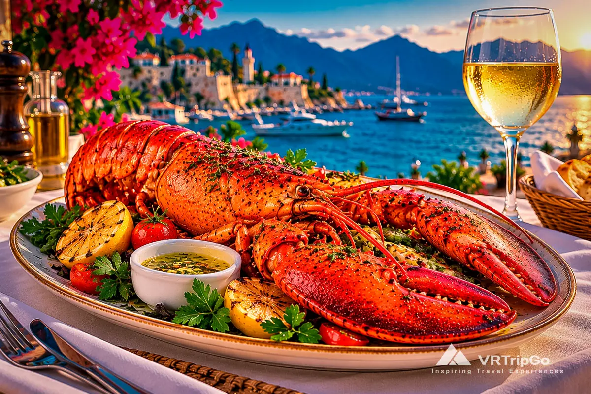 Whole grilled lobster served on a platter with lemon, fresh herbs, and garlic butter at a seaside restaurant in Antalya.