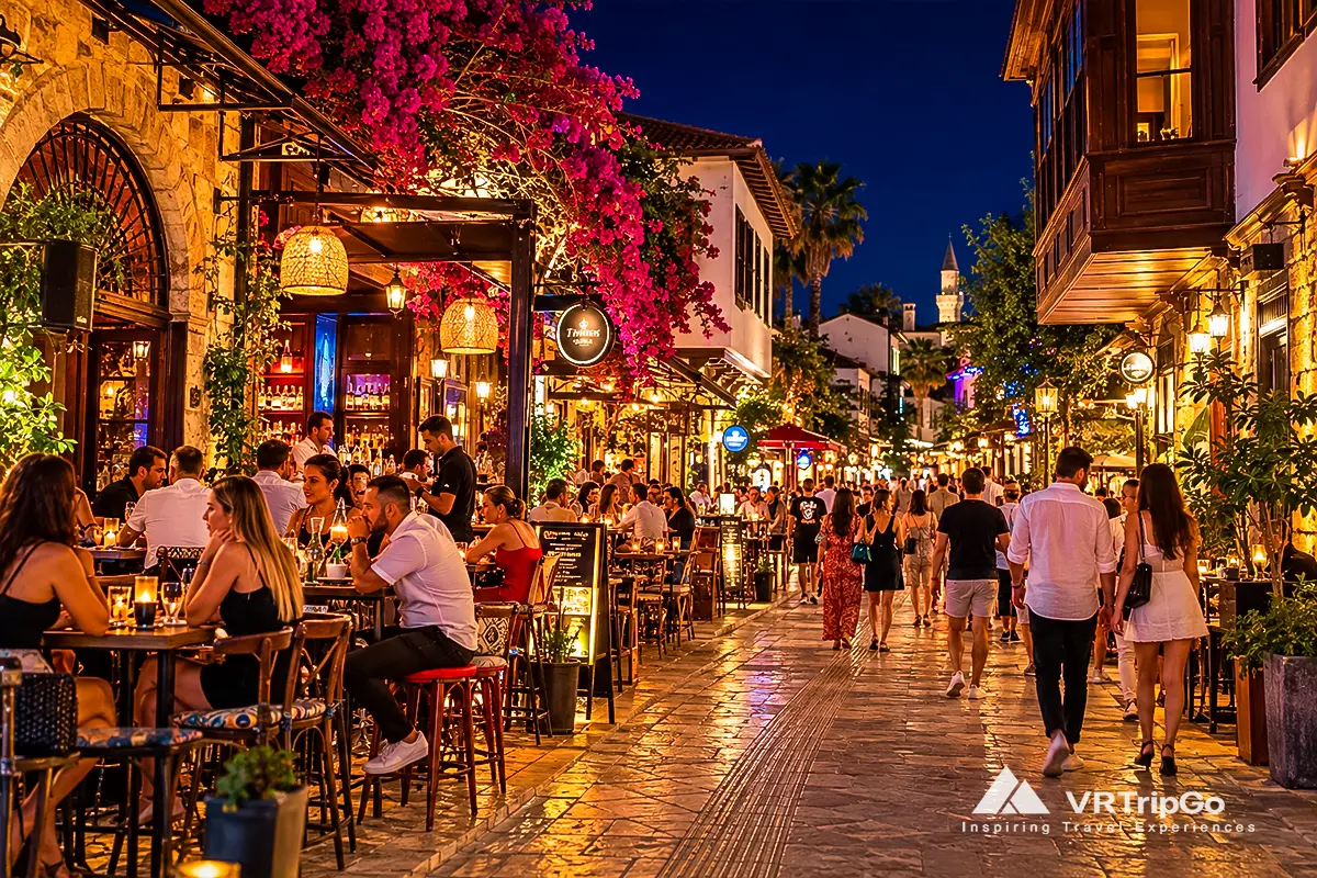 Nightlife in Antalya's Kaleici Old Town with lively outdoor bars, restaurants, historic streets, and warm evening lights.