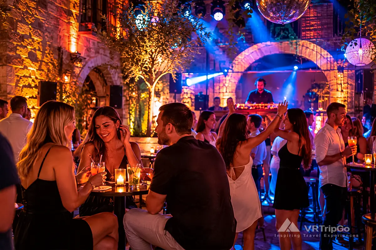 Lively nightlife in Antalya with a DJ, dancing guests, colorful lights, and cocktails at a stylish nightclub and bar.