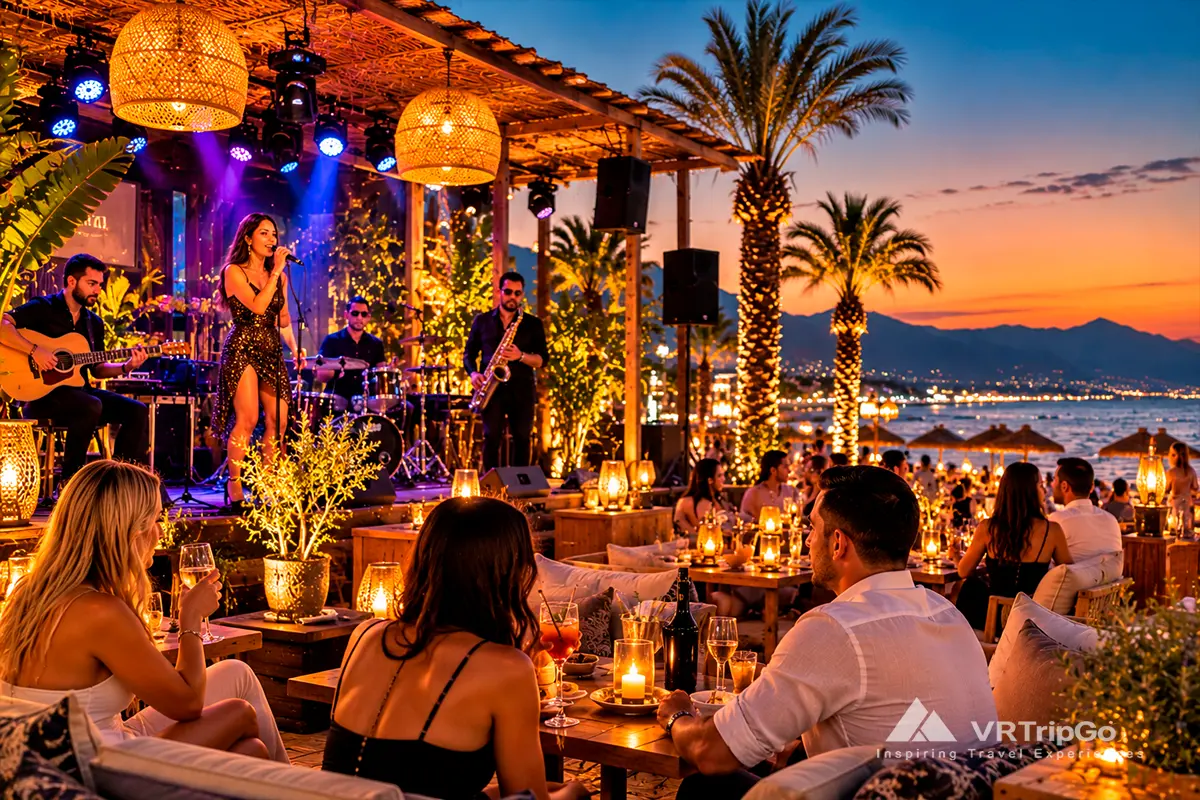 Live music at a beachfront club in Antalya, with a singer, musicians, seaside lounge, palm trees, and sunset views of the Mediterranean.