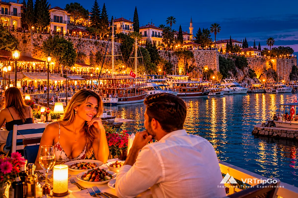 Romantic evening dinner at Antalya Old Harbor, with a couple overlooking illuminated boats, historic Kaleici buildings, and the Mediterranean waterfront.