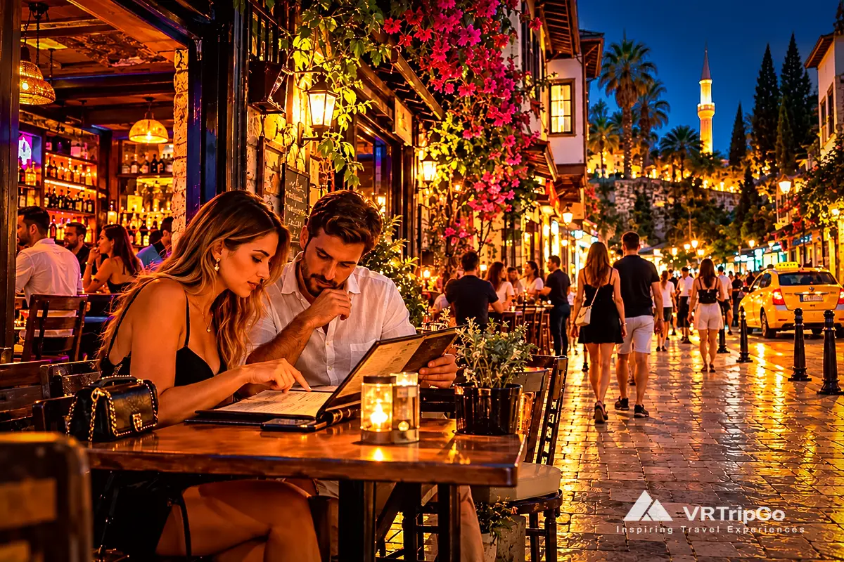 Couple checking menu prices at an outdoor bar in Antalya's Kaleici at night, with pedestrians, illuminated streets, and a yellow taxi nearby.