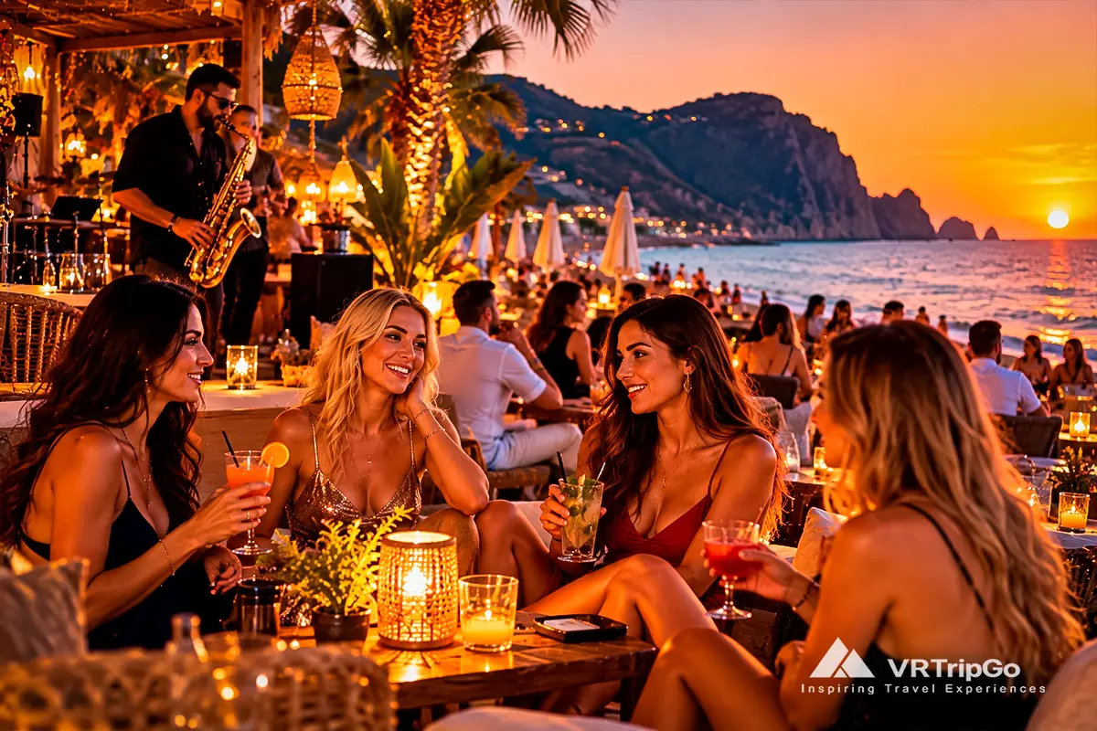 Beach bars and live music in Alanya at sunset, with stylish women enjoying cocktails, a saxophone player, and Mediterranean sea views.