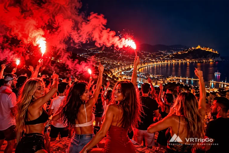 Nighttime celebration in Alanya with stylish women, red flares, cheering crowds, and panoramic views of the illuminated coastline and Alanya Castle.