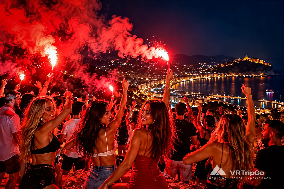Nighttime celebration in Alanya with stylish women, red flares, cheering crowds, and panoramic views of the illuminated coastline and Alanya Castle.