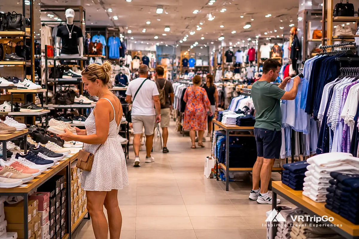 Shoppers browsing clothing, shoes, and accessories in a modern outlet-style store, illustrating shopping at Neva Outlet in Alanya.