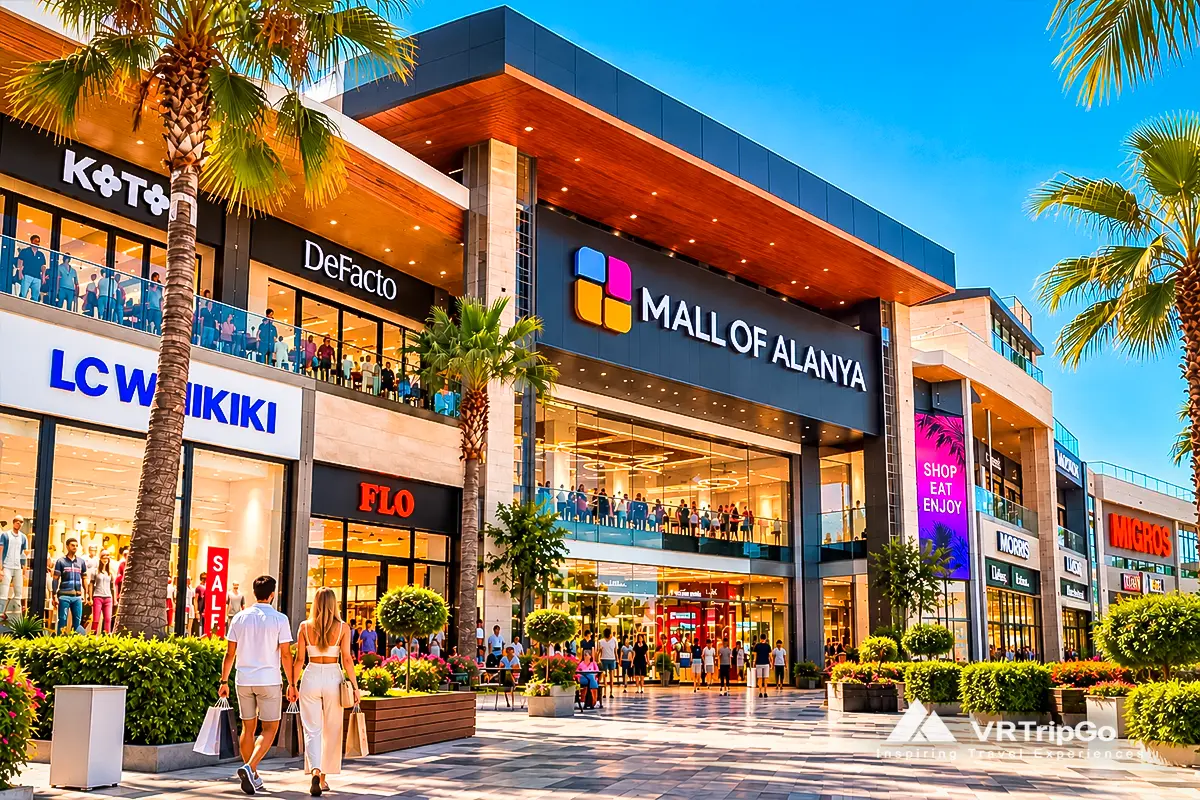 Mall of Alanya shopping center with modern storefronts, palm trees, landscaped walkways, and a couple carrying shopping bags.