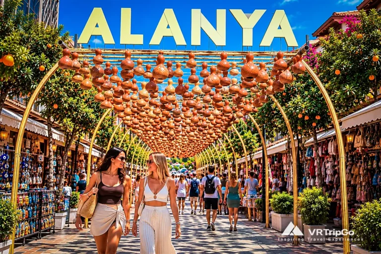 Two stylish women shopping at Alanya Bazaar beneath the large ALANYA sign, surrounded by souvenir stalls, orange trees, and traditional hanging decorations.