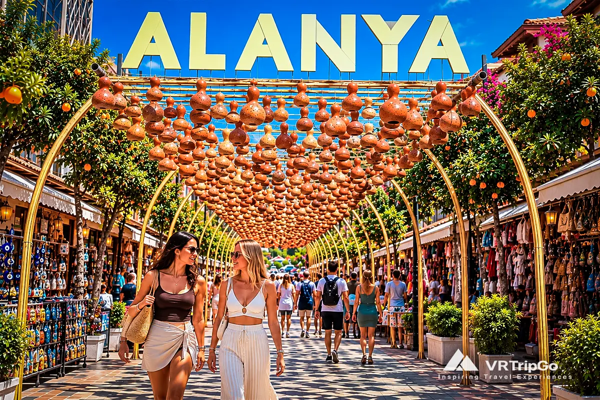Two stylish women shopping at Alanya Bazaar beneath the large ALANYA sign, surrounded by souvenir stalls, orange trees, and traditional hanging decorations.