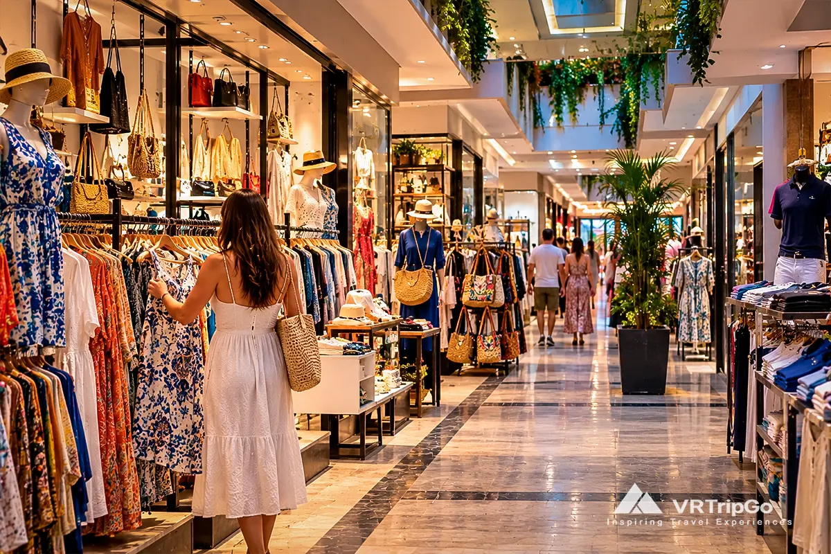 Woman browsing summer dresses in a shopping arcade in Kemer, surrounded by clothing boutiques, handbags, accessories, and modern storefronts.