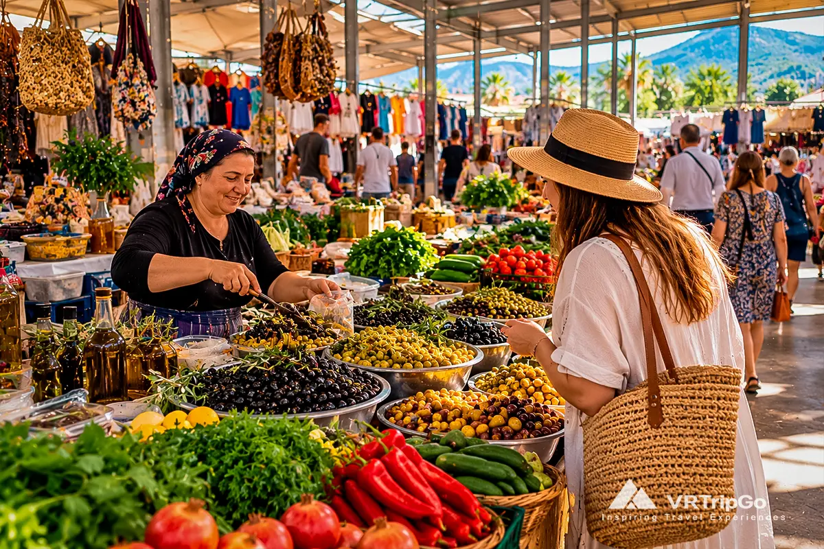 Woman buying olives from a local vendor at Goynuk Local Bazaar in Kemer, surrounded by fresh produce, clothing stalls, and shoppers.