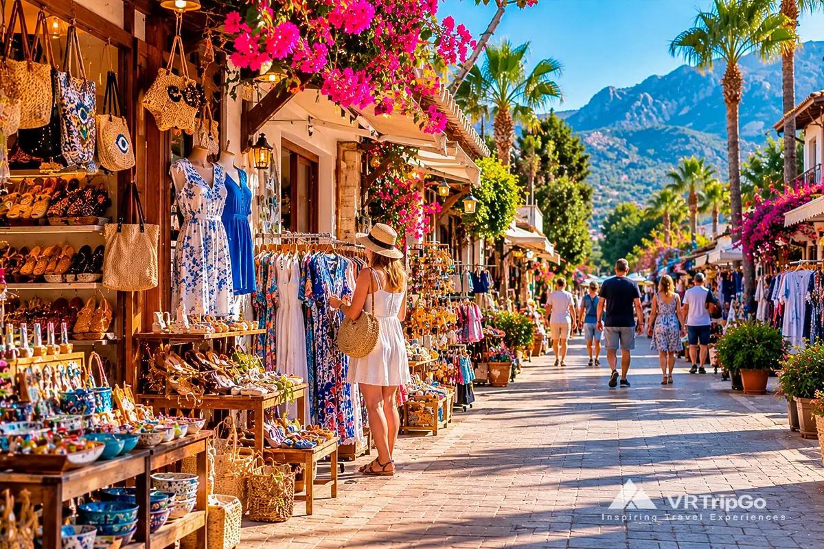 Woman browsing summer dresses on a shopping street in Tekirova, Kemer, surrounded by souvenir shops, colorful boutiques, palm trees, and mountain views.