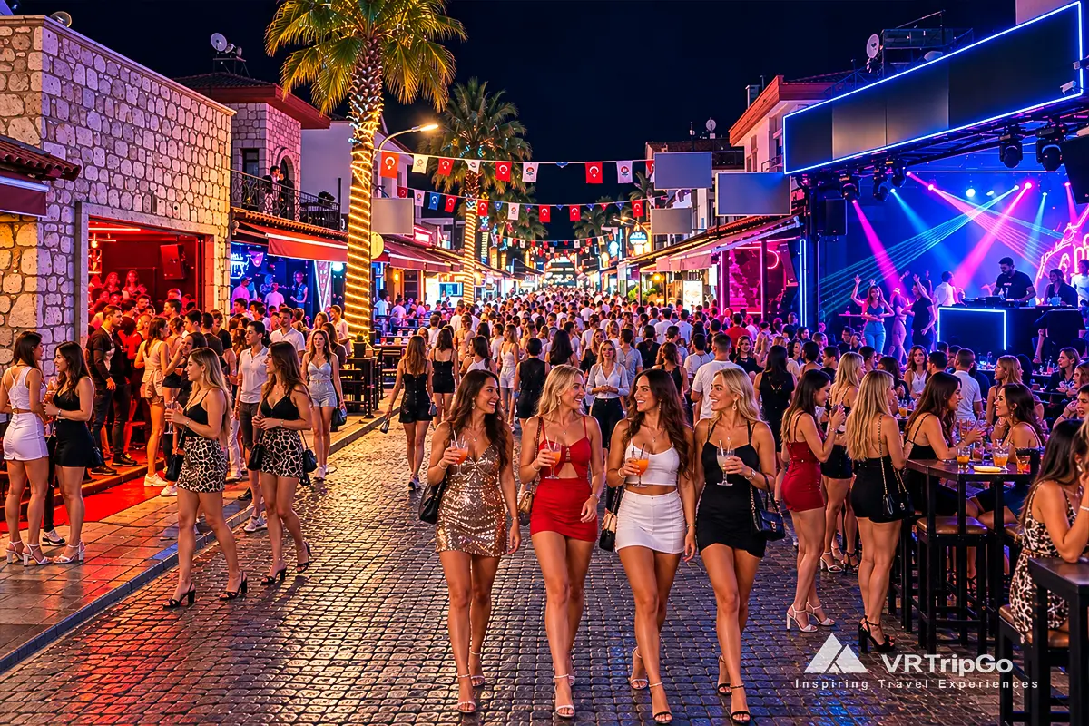Nightlife in Turkey with four stylish women walking along a lively cobblestone street, surrounded by colorful neon bars, nightclubs, palm trees, and vibrant evening crowds.