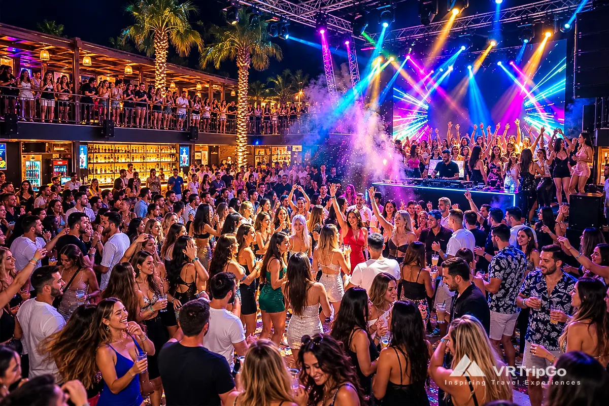 Nightlife in Kemer with a crowded open-air nightclub, colorful stage lights, DJ performance, and sharply illuminated partygoers dancing under the palm trees.