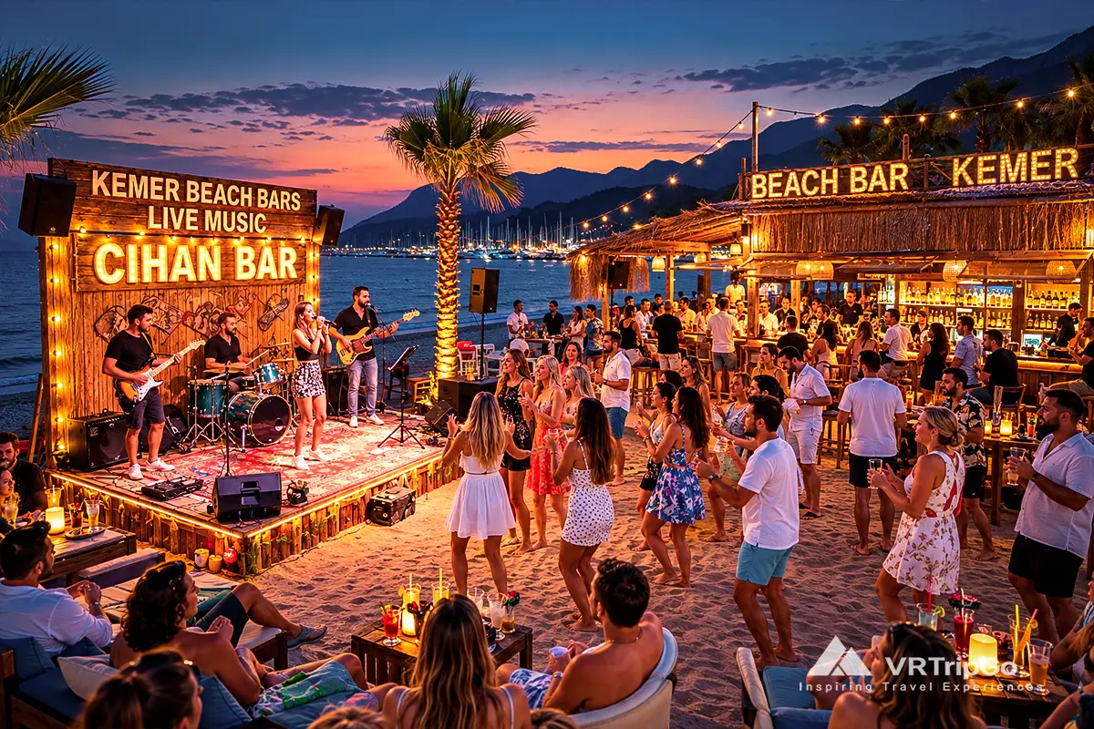 Nightlife in Kemer with live music at a beachfront bar, tourists dancing on the sand, warm evening lights, palm trees, and Mediterranean sea views at sunset.