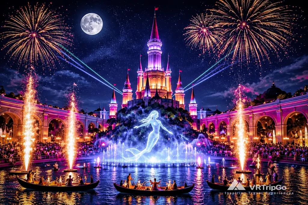 Nightlife in Kemer – Land of Legends Night Show featuring an illuminated castle, spectacular fireworks, colorful fountains, and evening entertainment.