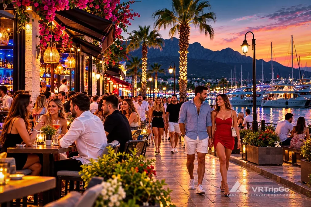 Nightlife in Kemer featuring evening bars and restaurants, tourists enjoying cocktails, couples strolling along the marina, luxury yachts, and Mediterranean mountain views at sunset.