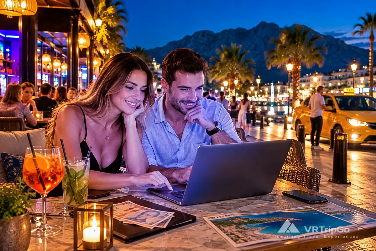Nightlife Prices, Safety and Transport in Kemer – tourists checking travel information on a laptop at an outdoor cafe, with evening lights and a taxi nearby.