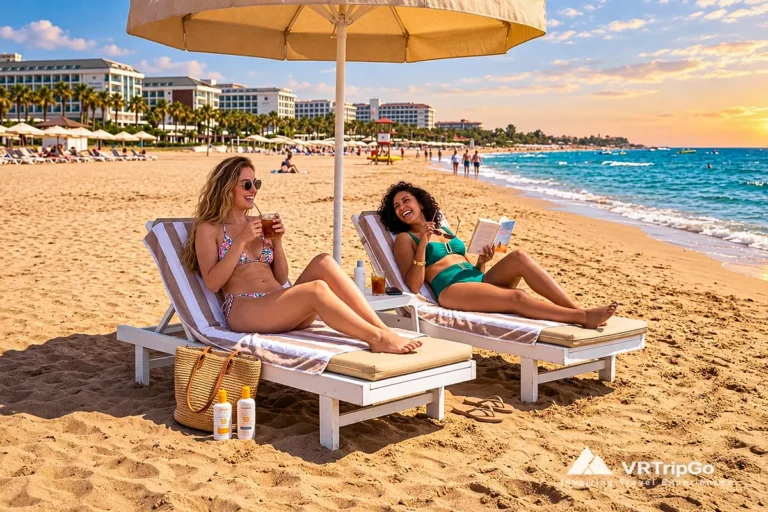 Two women relaxing on sun loungers beneath a beach umbrella on a sandy Mediterranean beach at sunset.